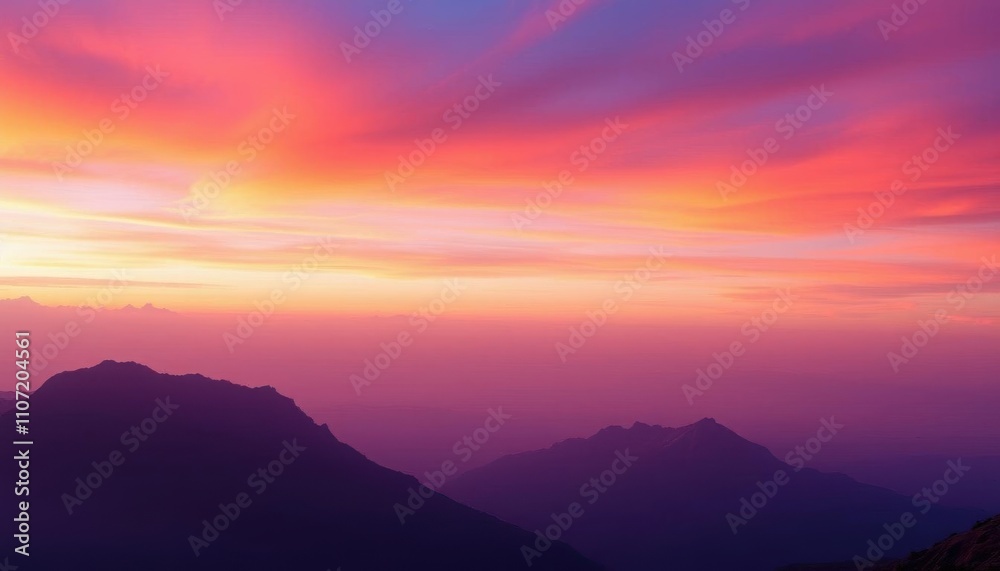 Obraz premium a view of a mountain range with a colorful sunset in the background
