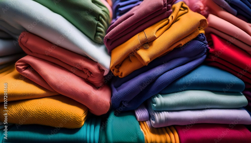 Neatly folded colorful clothes stacked in piles, showcasing various fabrics and textures Neatly folded colorful clothes stacked in piles, showcasing various fabrics and textures