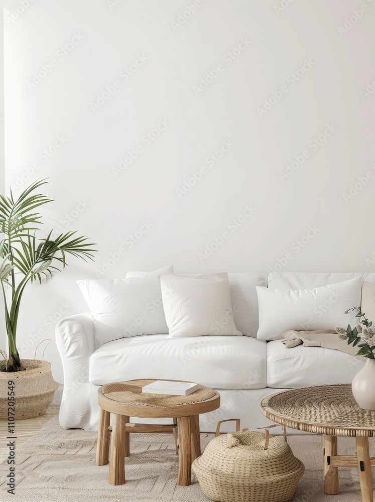 Minimalist living room interior with a white sofa. wooden coffee tables. and a palm plant Minimalist living room interior with a white sofa. wooden coffee tables. and a palm plant