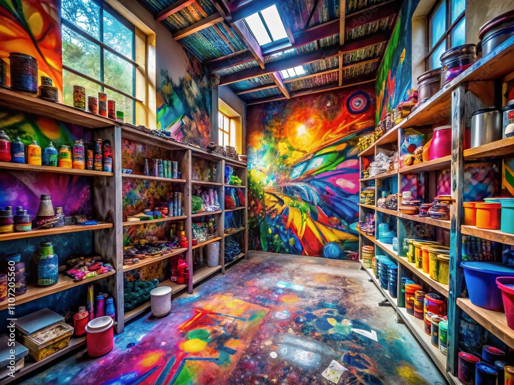 Naklejka premium Vibrant Artist Studio with Spray Paint Cans, Colorful Graffiti, and Murals Capturing the Creative Spirit of Urban Artistry in a Lively and Inspiring Environment