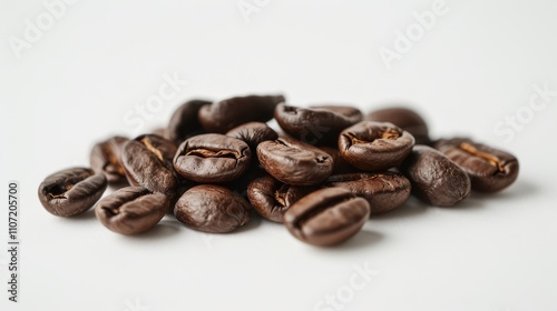 Coffee beans in a random cluster on a white surface, highlighting their natural shapes