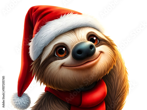 An adorable sloth character wearing a Santa hat. Christmas greeting card. Amazing digital illustration. CG Artwork Background