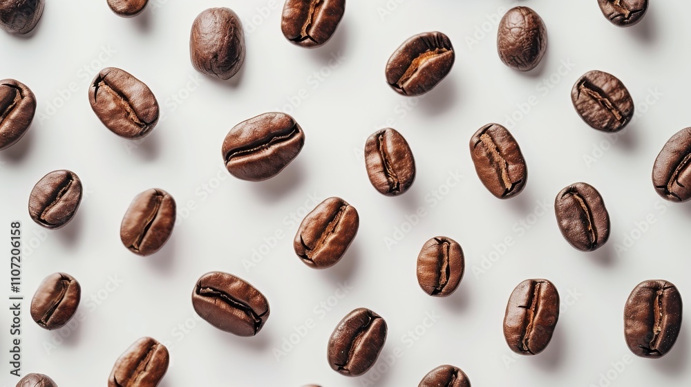 Coffee beans in a random cluster on a white surface, highlighting their natural shapes Coffee beans in a random cluster on a white surface, highlighting their natural shapes