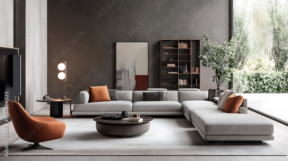Modern living room setup - Spacious living room with modern furnishings, a minimalist color palette, and open design elements. Modern living room setup - Spacious living room with modern furnishings, a minimalist color palette, and open design elements.