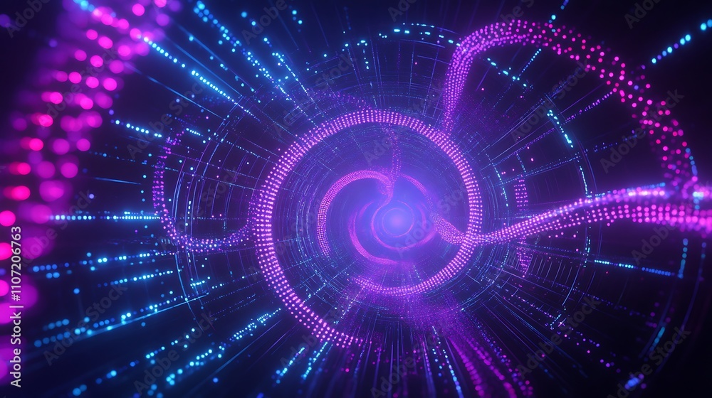 Fototapeta premium Colorful abstract spiral tunnel with glowing dots and vibrant light trails in purple and blue shades
