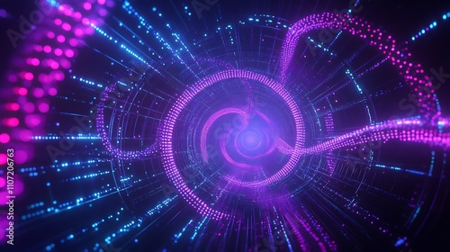 Colorful abstract spiral tunnel with glowing dots and vibrant light trails in purple and blue shades