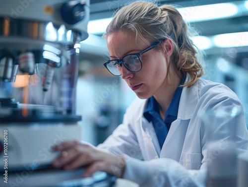 A focused scientist in a lab coat examines samples under a microscope, showcasing dedication to research and scientific inquiry.