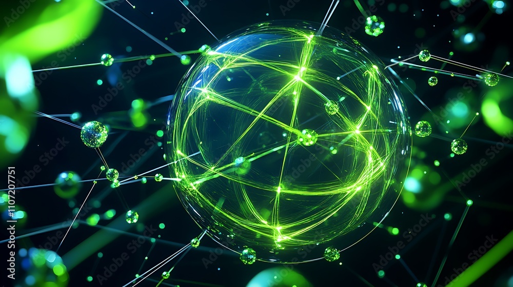 Obraz premium Digital Representation of Abstract Atom Model with Green Lines and Bubbles in a Dark Background