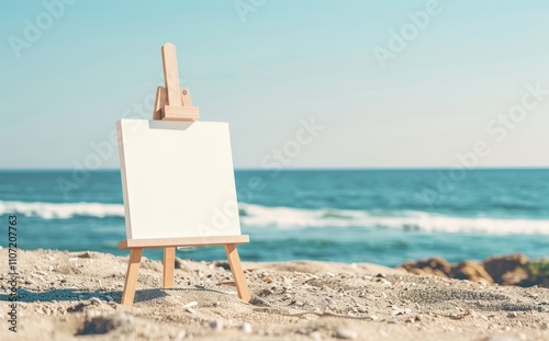 Blank canvas easel on a sandy beach with a blue ocean in the background