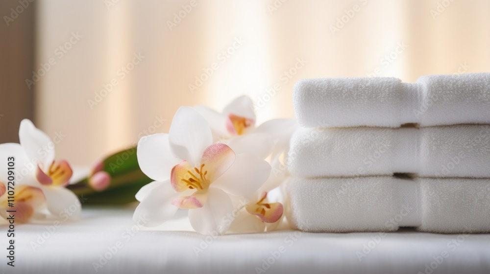 A background with candles, rolled white towels and flowers in a wellness center A background with candles, rolled white towels and flowers in a wellness center