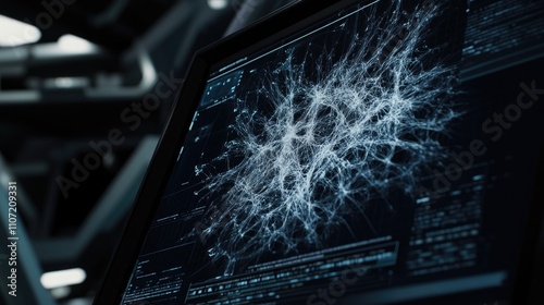Cinematic Close-Up of Computer Screen Displaying Intricate Network with Data Flowing Between Nodes, White Connections on Dark Background, Sharp Focus on Digital Structure Details, High-Tech Concept.