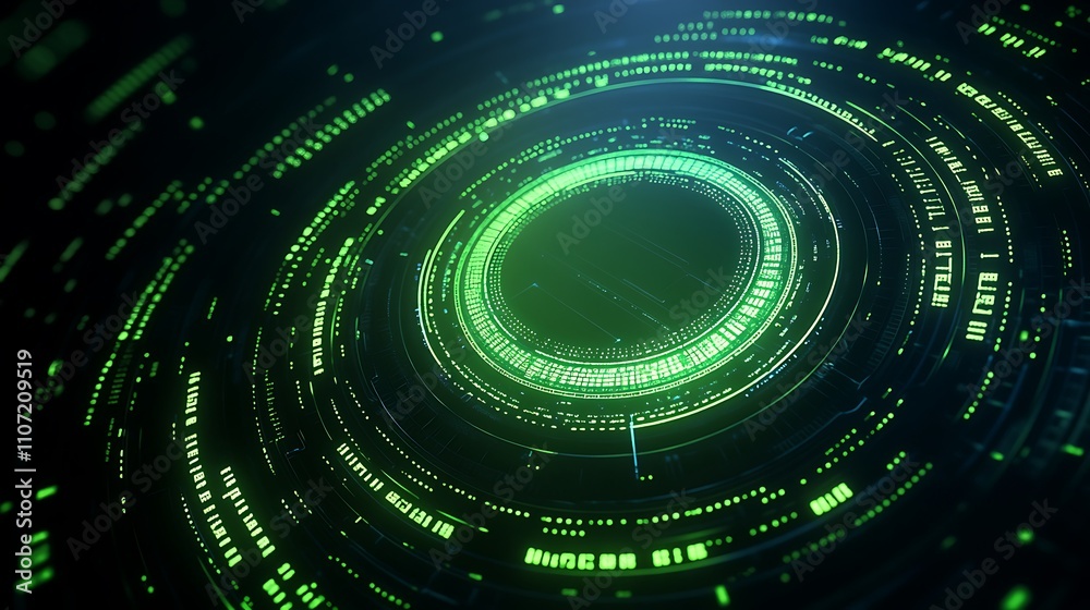 Futuristic Abstract Background with Green Circular Patterns and Digital Circuits Illuminated in a Dark Environment Futuristic Abstract Background with Green Circular Patterns and Digital Circuits Illuminated in a Dark Environment