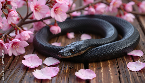 Black snake coiled on wooden surface with cherry blossoms photo