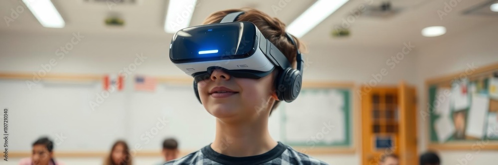 A school student wearing a VR headset is interacting with a blue holographic AI technology display in a futuristic classroom setting, blue hologram, artificial intelligence A school student wearing a VR headset is interacting with a blue holographic AI technology display in a futuristic classroom setting, blue hologram, artificial intelligence