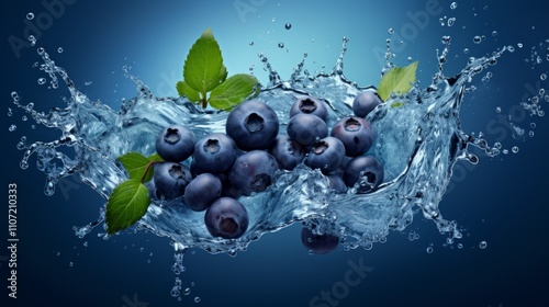 Wallpaper Mural Banner with blueberries in water with drops and splashes on a blue background Torontodigital.ca