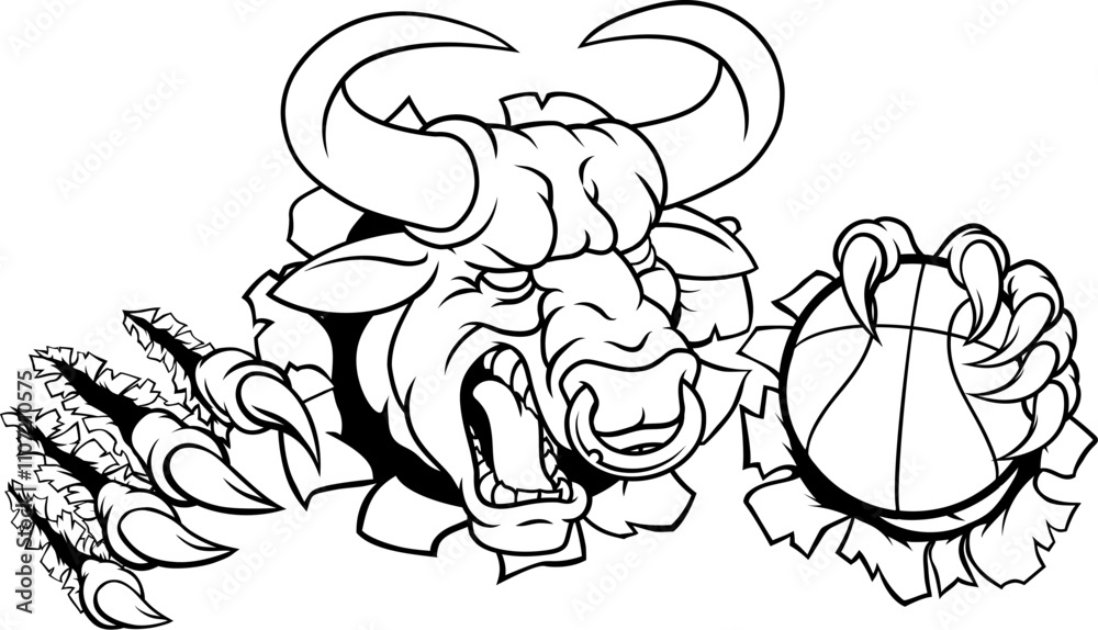 Fototapeta premium A bull or Minotaur monster longhorn cow angry mean basketball mascot cartoon.