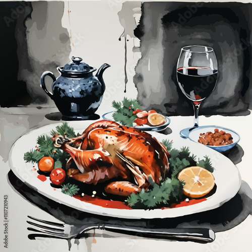 roasted goose christmas dinner illustration