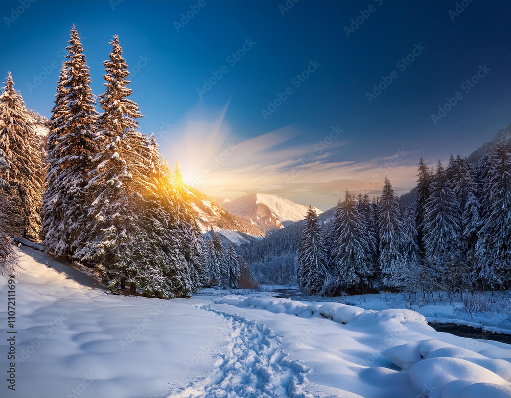 Φωτογραφία The winter landscape features snowcovered trees and a glowing sunrise over majes