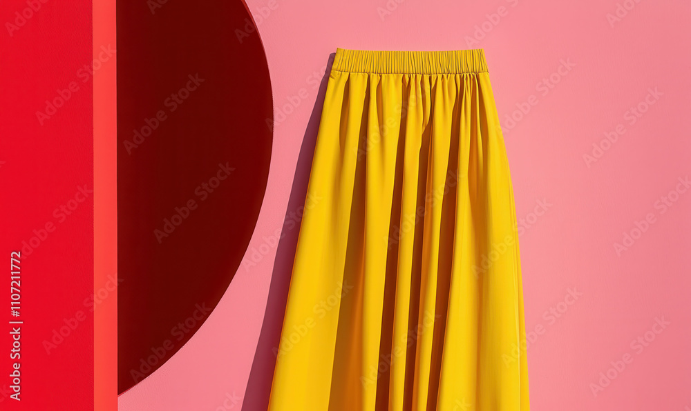 Vibrant Yellow Skirt on Bold Pink Geometric Background: A Modern Study in Color and Design