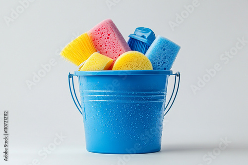 Blue bucket filled sponges spray glaves white background Cleaning Supplies Concept photo