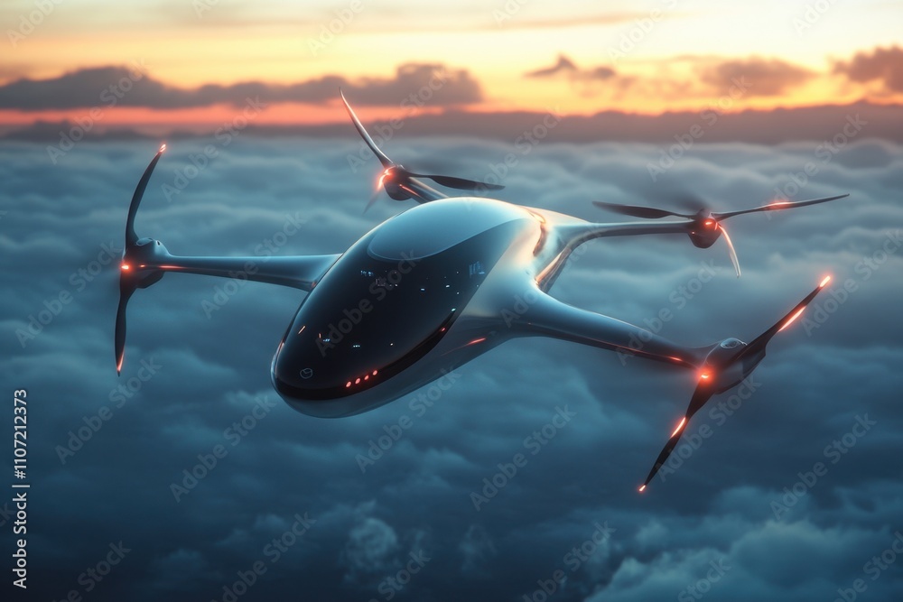 Fototapeta premium A sleek drone hovers gracefully in the open sky, its compact design and sharp edges reflecting modern technology.