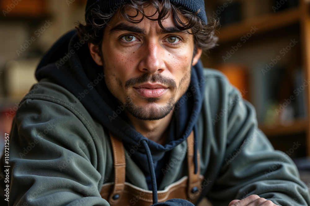 Bearded man with a mustache, wearing a black hoodie and brown suspenders, is looking directly at the camera with a serious expression. Bearded man with a mustache, wearing a black hoodie and brown suspenders, is looking directly at the camera with a serious expression.