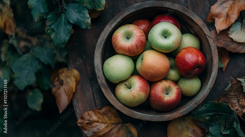 Ripe apples in a wooden bowl on a wooden table, closeup Ripe apples in a wooden bowl on a wooden table, closeup