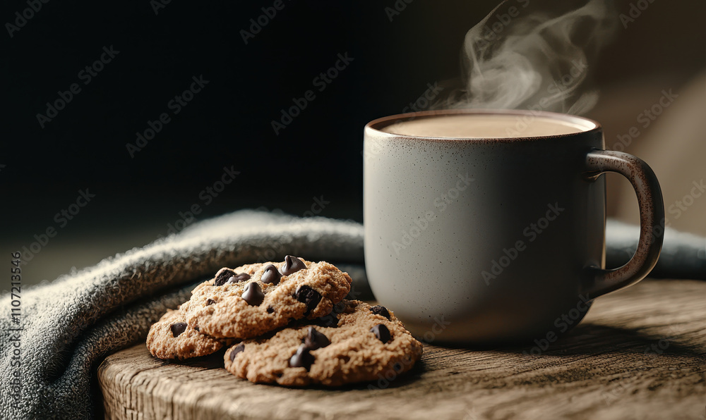 Cozy Scene of a Steaming Hot Drink with Homemade Chocolate Chip Cookies on a Rustic Table Cozy Scene of a Steaming Hot Drink with Homemade Chocolate Chip Cookies on a Rustic Table