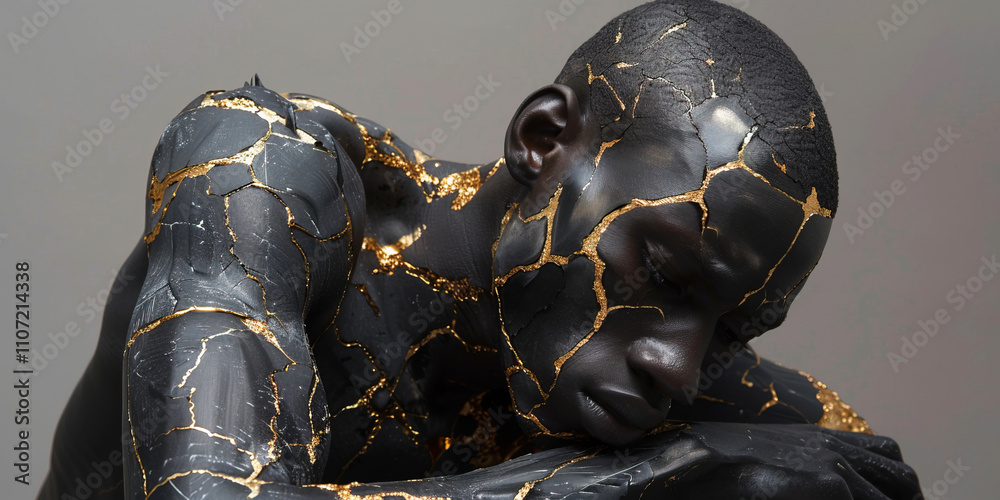 Kintsugi is traditional art of Japan, helps to restore person psychological trauma, golden crack scars close-up. Kintsugi is traditional art of Japan, helps to restore person psychological trauma, golden crack scars close-up.