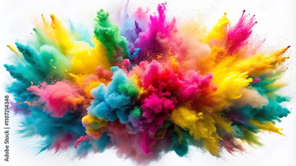 Fototapeta premium Vibrant Explosion of Holi Colors with Pink, Yellow, Green, and Blue Smoke on a Clean White Background for Dynamic Celebrations and Artistic Expressions