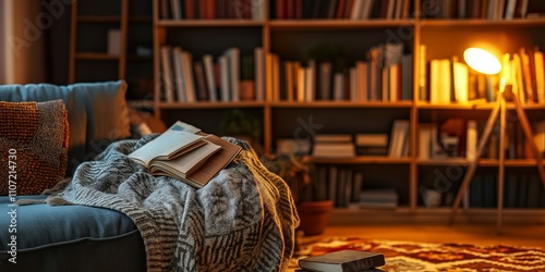 Reading nook with a cozy armchair, blanket, open book, and warm lamp light, surrounded by a library of bookshelves, perfect for relaxation and quiet evenings, selective focus

 photo