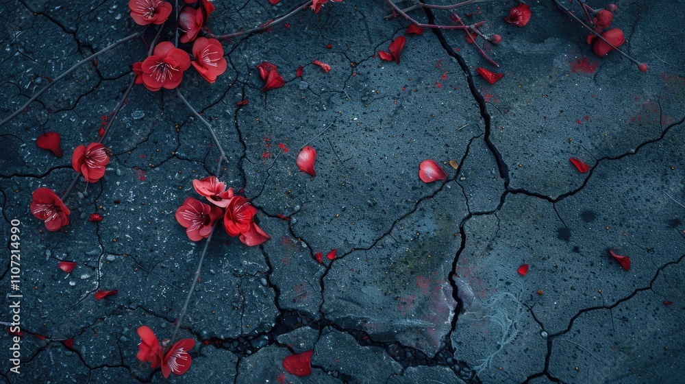 Red blossoms emerging from pavement cracks Red blossoms emerging from pavement cracks
