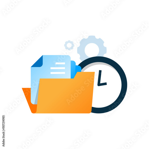 illustration of a document folder with clock and gear, document processing or verification. workflow management, system operations, or administrative tasks in business or office related projects