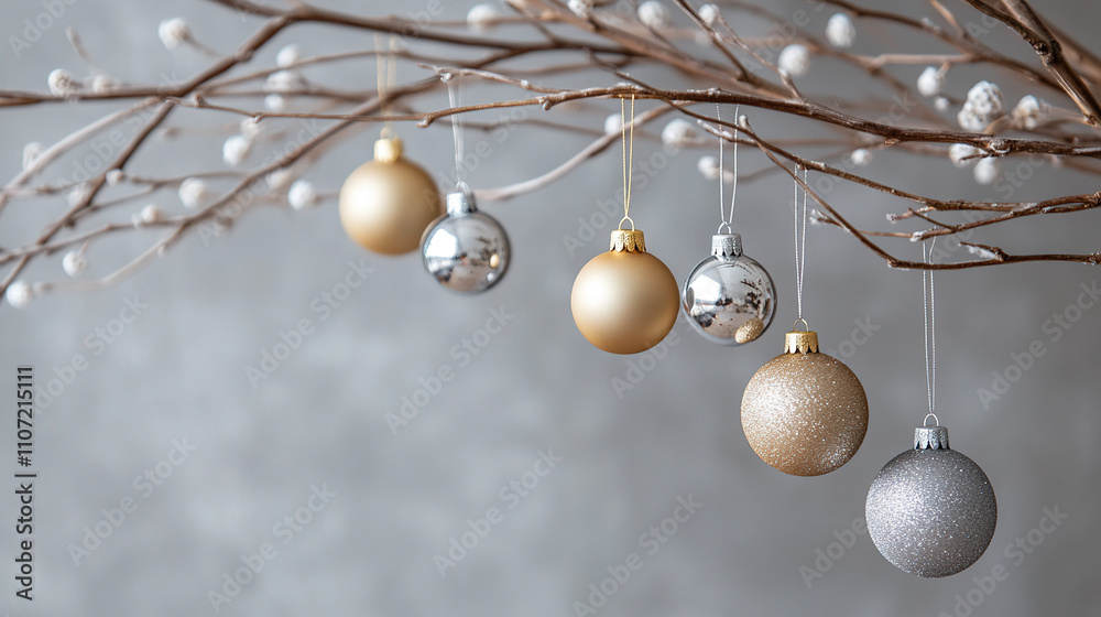 A minimalistic Christmas design with elegant gold and silver baubles hanging on delicate branches, set against a soft blurred backdrop. A minimalistic Christmas design with elegant gold and silver baubles hanging on delicate branches, set against a soft blurred backdrop.