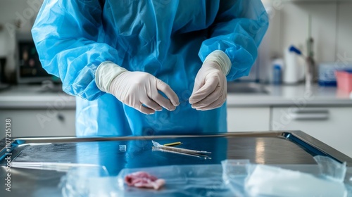 A veterinary pathologist conducting a necropsy in a veterinary pathology laboratory, with animal autopsy table and pathology tools visible, Veterinary pathology style photo