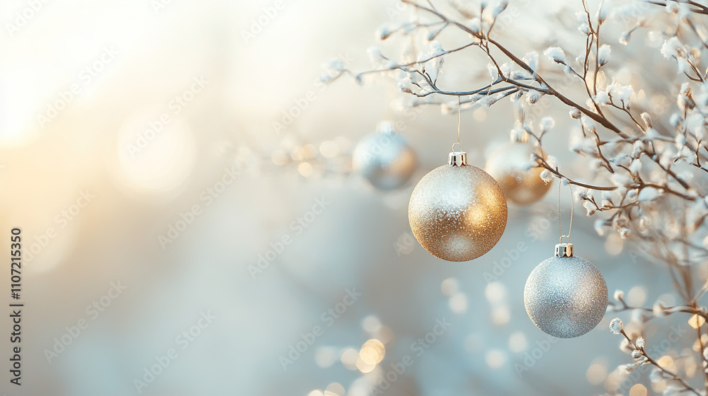 A minimalistic Christmas design with elegant gold and silver baubles hanging on delicate branches, set against a soft blurred backdrop.