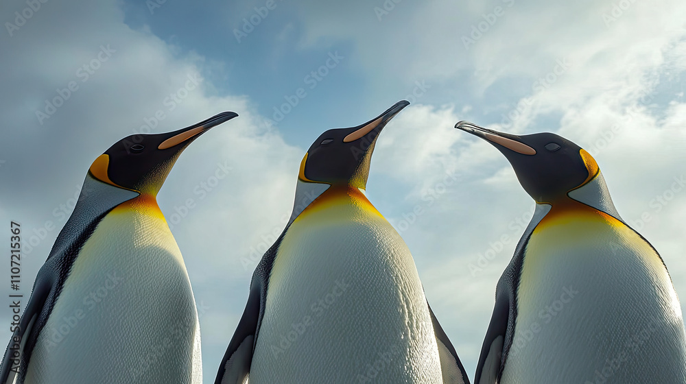 Fototapeta premium Three regal emperor penguins stand together, showcasing their striking black and white plumage against a cloudy sky.