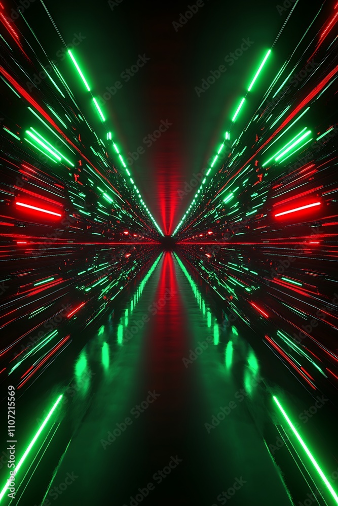 Fototapeta premium Futuristic Abstract Tunnel with Red and Green Neon Lights Reflecting on a Mirror-Like Surface