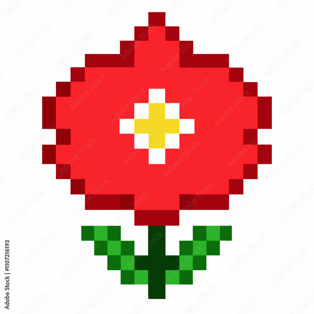 Obraz premium Pixel Art Red Flower with Green Leaves on White Background Retro 8 bit Style