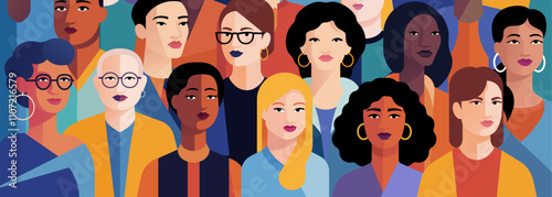 Bold and colorful illustration representing a diverse group of women from different backgrounds and cultures. Celebrates inclusion, equality, and unity.