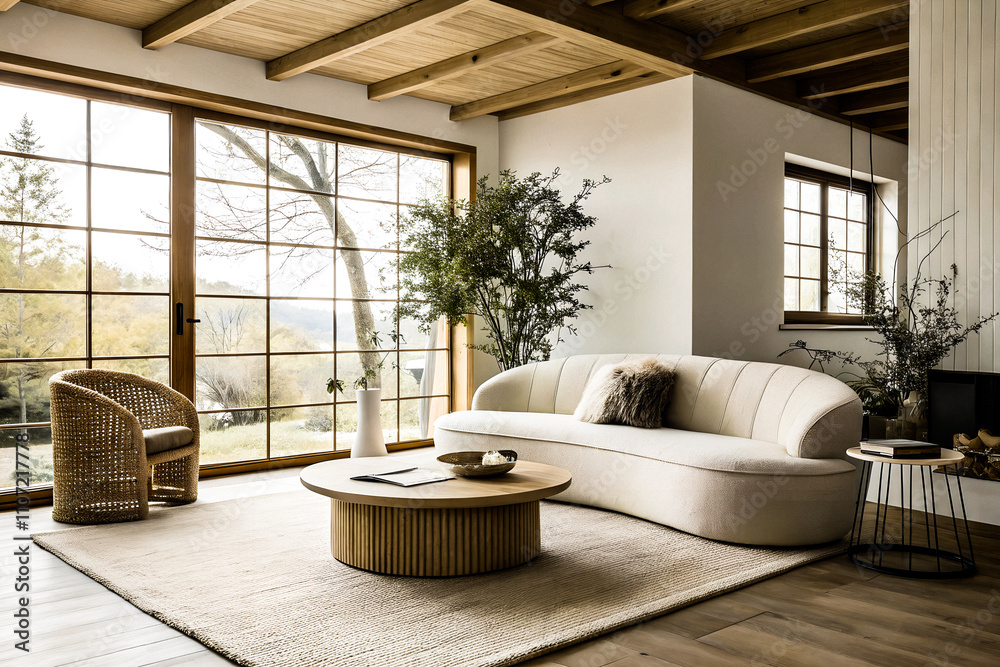 photo minimalist, japandi style interior design of a modern living room features a cozy boucle sofa near an ellipse coffee table photo minimalist, japandi style interior design of a modern living room features a cozy boucle sofa near an ellipse coffee table