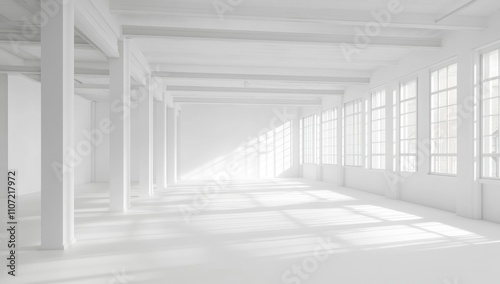 Sunlit empty white industrial space interior.