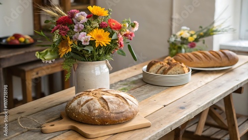 A cozy and inviting photostock image of a rustic wooden table adorned with freshly baked bread and a vase of vibrant flowers.