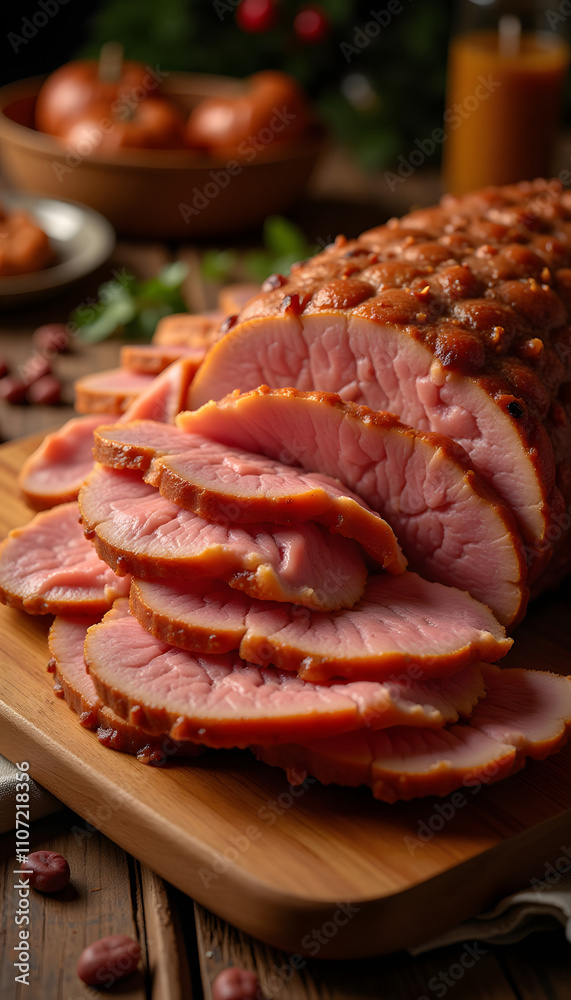 Sliced Christmas ham on serving platter with caramelized edges, warm lighting, minimal background, inviting look
Sliced Christmas ham on serving platter with caramelized edges, warm lighting, minimal background, inviting look
