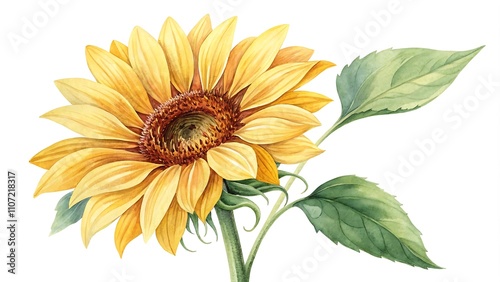 A photostock image of a watercolor sunflower featuring vibrant petals, set against a clean white background.