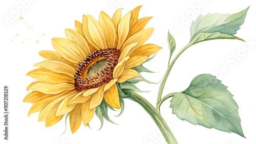 A photostock image of a watercolor sunflower featuring vibrant petals, set against a clean white background.