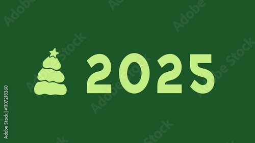 Animation of text 2025 new year with Christmas tree on green background. Happy new year 2025