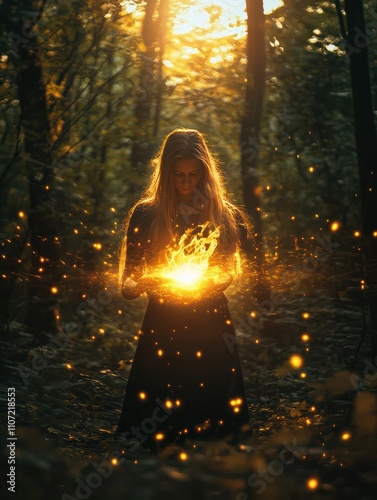 nature, spirituality and supernatural concept - young woman or witch performing magic ritual in forest photo