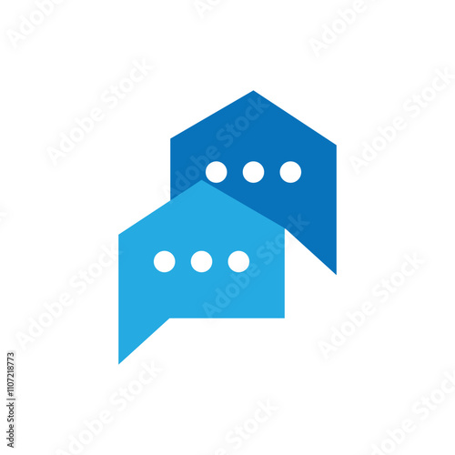 This is a flat logo design that depicts two speech bubbles in blue color in the shape of a house for rewal estate talking logo

 photo