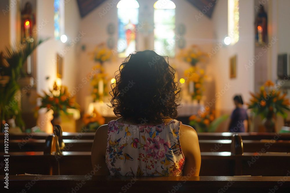 Generative AI Portrait of Peaceful Person in Church with Radiant Light and Religious Reverence Generative AI Portrait of Peaceful Person in Church with Radiant Light and Religious Reverence